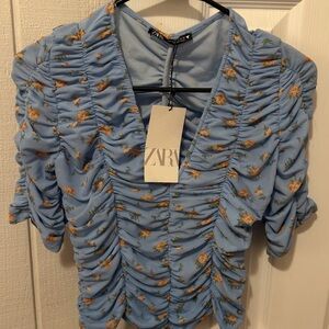 Zara Light Blue Ruched Floral V-Neck Blouse